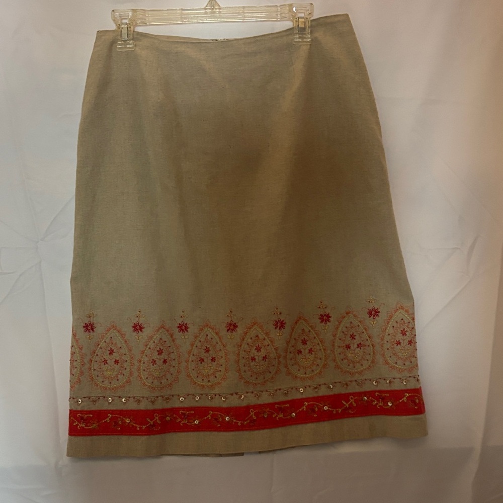 Elegant Tan Pencil Skirt with Red Embroidery